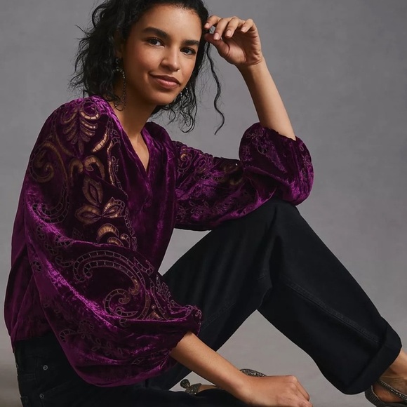 By Anthropologie Velvet Cutwork Plum V Neck Blouse Top Size M - Picture 2 of 16